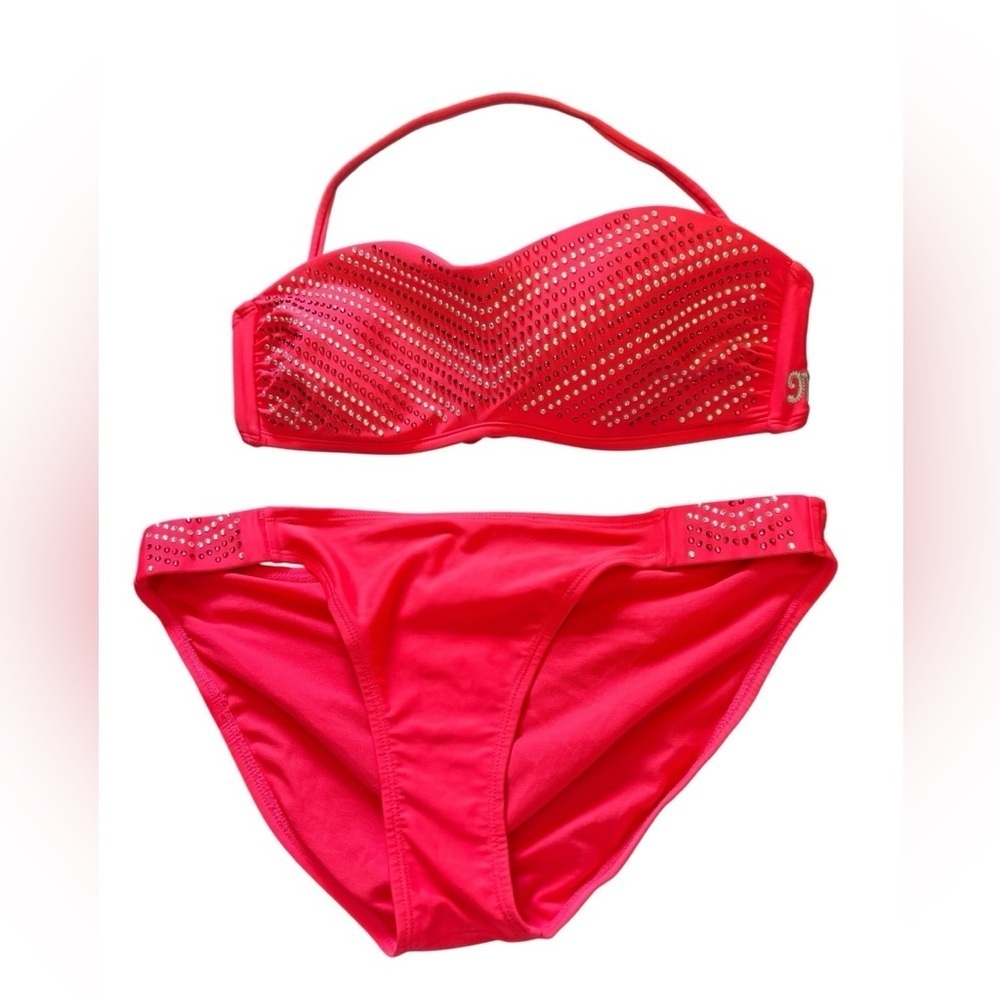 Miss Me Teen Idol Swimwear Top Bottom Bikini M/L In Strawberry Bling Rhinestone